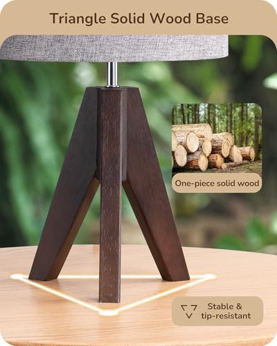 EDISHINE Boho Small Table Lamp, Wood Lamp, Grey Linen Lampshade,14.2 Inch - Image 2