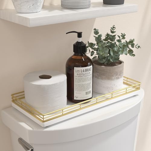 Bathroom Toilet Tank Tray, 13" Wood Toilet Paper Storage Basket Tray Back of Toilet Basket Organizer,Vanity Tray for Perfume Makeup Candle Decor, Gold & White by Focusonit