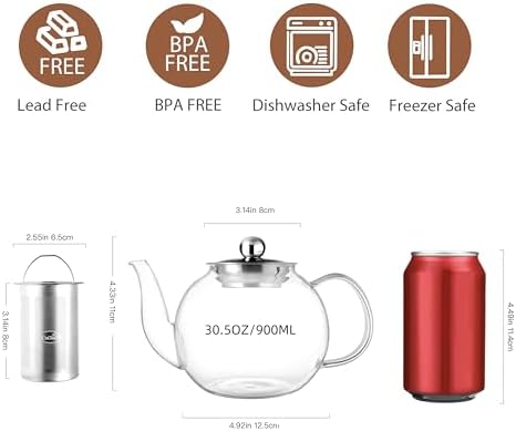 CNGLASS 900ml Glass Teapot with Removable Infuser,Clear Tea Kettle Stovetop Safe,Blooming and Loose Leaf Tea Maker - Image 2