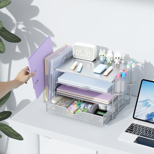 gianotter Wood Desk Organizers and Accessories with File Holder, 4-Tier Desk Accessories & Workspace Organizers with Drawer and 2 Pen Holder, Desk Reference Organizer (Grey, 4T with Metal Drawer) - Image 4