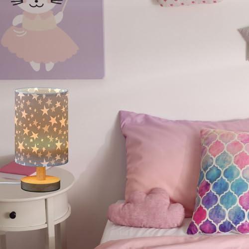 White Stars on Grey Background Bedside Table Lamps with USB Port for Bedroom Lamp Small Nightstand Lamp Sturdy Linen Shade Wooden Base Decorative Lamps for Kids Reading Dorm Home - Image 5