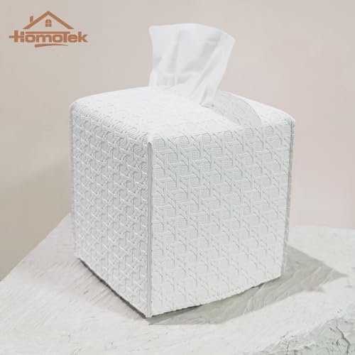 HOMOTEK 1 Pack Tissue Box Cover, Square PU Leather Tissue Holder, Decorative Facial Tissue Cube Paper Organizer Dispenser for Bathroom, Night Stands, Desk, Car 5X5X5'' - Rattan Weave, Pure White - Image 5
