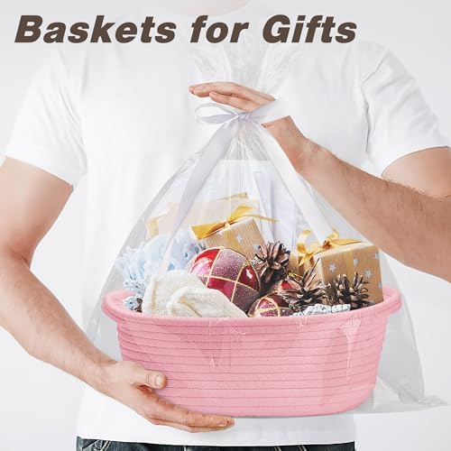 Pro Goleem Small Woven Basket with Gift Bags and Ribbons Durable Baskets for Gifts Empty Small Rope Basket for Storage 12"X 8" X 5" Baby Toy Basket with Handles, Pink - Image 2