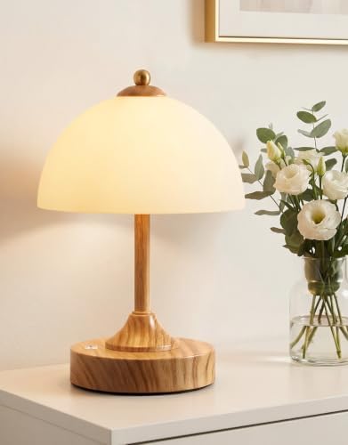 ROTTOGOON Cordless Table Lamp, 5200mAh Wood Grain Rechargeable Battery Operated Lamp, 3-Way Dimmable Touch Lamps, Small Glass Bedside Nightstand Light for Bedroom Dining Table Living Room by ROTTOGOON