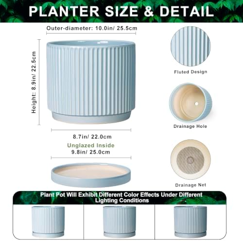 10 Inch Plant Pot, Ceramic Pots for Plants with Tray, Light Blue - Image 2