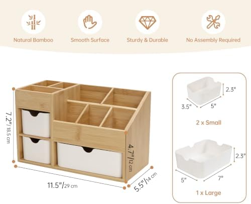 Bamboo Desktop Organizer with 3 Drawers, Drawer Tabletop Storage Organization Box for Home/Office, 3-Tier Makeup Vanity Organizer for Dresser Countertop, Detachable Divider - Image 2