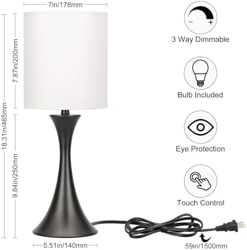 Seaside village 3 Way Touch Control Table Lamp, Modern Bedside Lamp for Bedroom, Dimmable Black Nightstand Lamp White Shade Desk Reading Light for Living Room Office Dorm, 3000K LED Bulb Included - Image 2