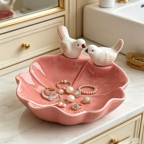 Ceramic Jewelry Tray Trinket Dish, Cute Bird & Lotus Leaf Design, Ring Holder, Seasoning Condiment Dish, Aesthetic Vanity Desk Decor for Bedroom Bathroom (pink) - Image 4