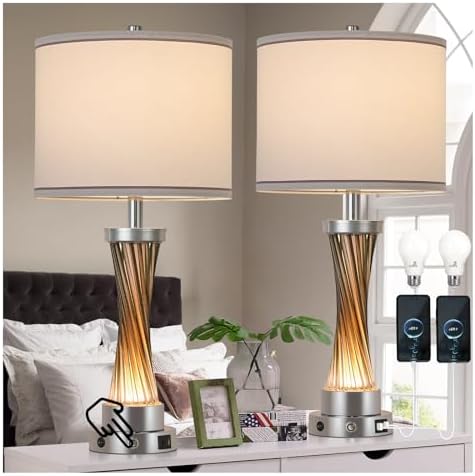 3-Way Dimmable Table Lamp Set of 2,Touch Control Lamp with Night Light,Modern Crystal Table Lamps for Bedroom,Living Room，Bedside Lamps with USB A+C Ports，Fabric Lampshade(Blubs Included) - Image 2