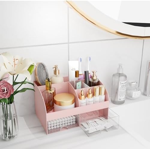 Makeup Organizer with Drawers, Cosmetic Storage for Dresser Vanity and Bathroom Countertop, Beauty Holder for Lipstick Brush, Skincare Organizer for Vanity, Cosmetic Display Case (Pink) - Image 5