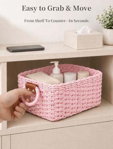 Small Wicker Baskets, 3 PCS Paper Rope Baskets for Shelves, Pink - Image 5