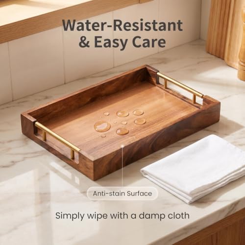 Walnut Wood Serving Tray with Metal Handles, Decorative Wooden Tray for Coffee Table, Living Room, Kitchen Counter and Party (15.75x11.81x1.97 Inch) - Image 3