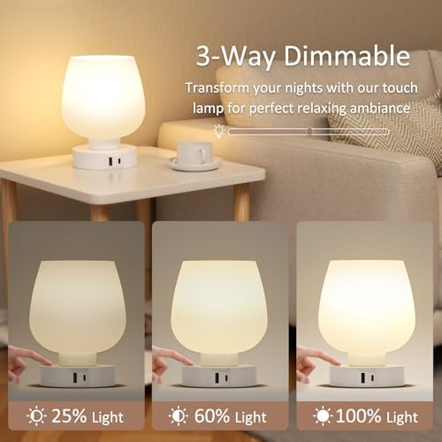 Touch Table Lamp for Nightstand - Bedside Lamp with USB C+A Charging Ports for Bedroom Living Room Night Stands, Desk Lamp with White Glass Shade for Small Spaces, 3 Way Dimmable, LED Bulbs, Gifts - Image 2