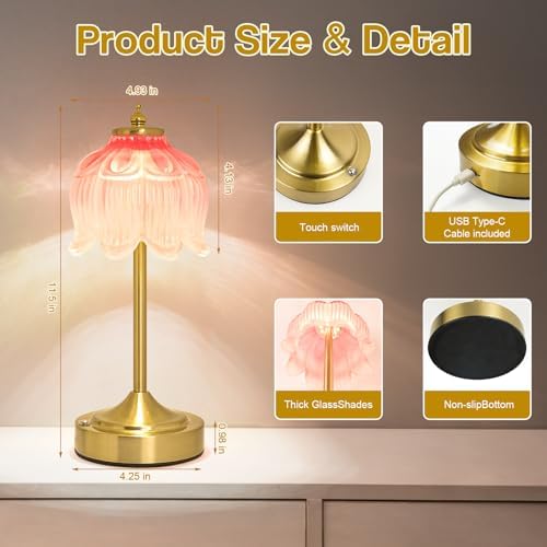 Cordless Table Lamp, Rechargeable Blush Pink Glass Lotus Flower Lamp - Image 7