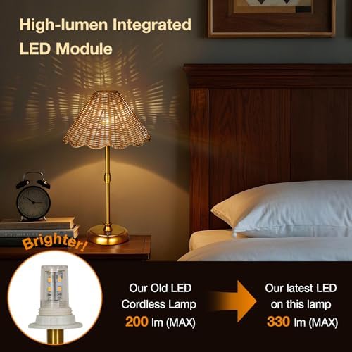Cordless Boho Rattan Table lamp, 5200-mAh Rechargeable Battery, 3-level Brightness Dimmable, Build-in Integrated LED 320 Lumen Max, Rattan Shade, for Bedside Restaurant Resort Hotel Dining Table - Image 5