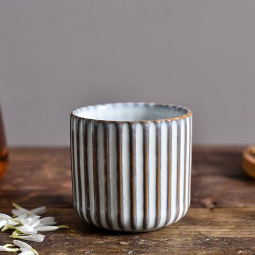 Vintage Ceramic Mug, Japanese Tea Cup 6oz Striped Cup No Handle Drinking Cup for Espresso, Cortado, Matcha, Green Tea, Microwave and Dishwasher Safe, Kiln Transformation Cup (White) - Image 3