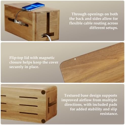 Acacia Wood Cord Management Box, Magnetic Lid, Hide Cable & Cord Organizer - Image 2