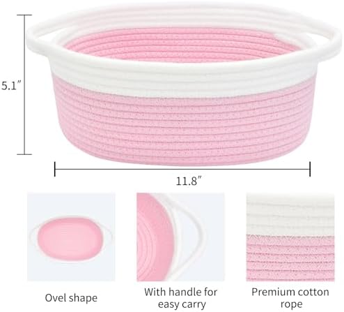 ABenkle Small Basket with Handles, Boho Decorative Rope Woven Dog Cat Toy Storage Bin Shelf Storage Organizer, Easter Christmas Gift Basket, 12"x8"x5", Pink - Image 2