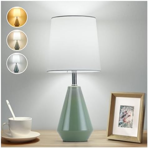 Small Bedside Table Lamp for Bedroom - Reading Desk Lamp with 3 Color Temperatures，15.5" Nightstand Ceramic Lamp with Fabric Shade for Kids Room,Living Room,Dorm,Home Office (Green+White) by Illuminatingyoumeandhim