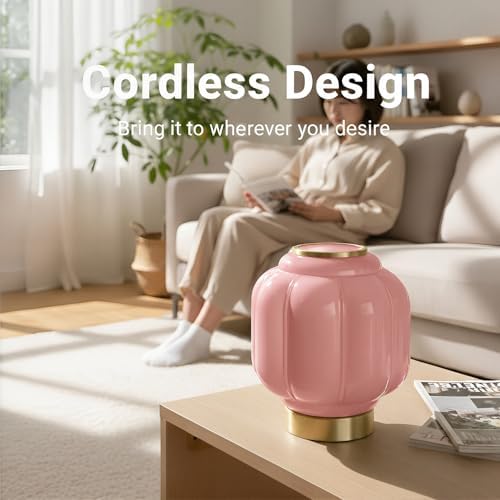 Mushroom Lamp, Cordless Rechargeable Table Lamp with Brass Base & Pink Glass Shade, 4W Dimmable Bedside Table Lamp, Small Vintage Desk Light for Mid Century Modern Home Decor (Pink) - Image 2