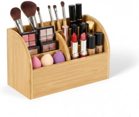 OSCO Bamboo Organiser | 6 Compartments | Office Tidy | Stationery Storage | Pen Holder | Makeup sorter | Cosmetics Display | H14.3 x W23.3 x D10.3 cm | - Image 6