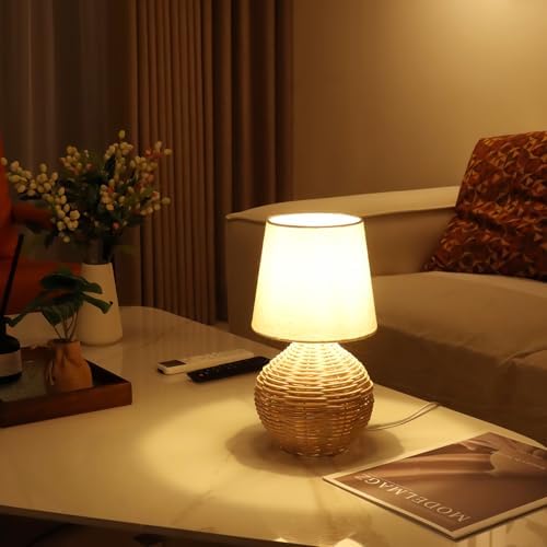 Rattan Small Table Lamp Set of 2, Boho Farmhouse Style with Cotton Linen Lampshade, 6.2×6.2×11.8 Inch Bedroom Night Light for Living Room Office Dorm, with Bulbs Included - Image 3