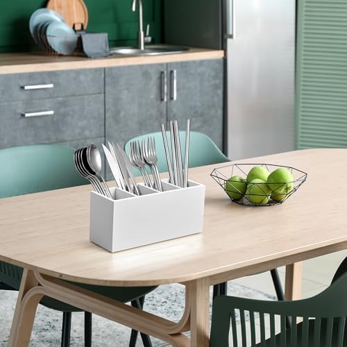 Bivvclaz Pencil Pen Holder for Desk, Wooden Office Desk Organizers and Accessories with 4 Slots for Countertop, Makeup Brush Holder Organizer for Bathroom Vanity, Silverware Caddy for Party, White - Image 5