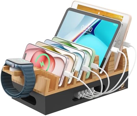 Pezin & Hulin Bamboo Charging Station with 5 Cables-Natural+Black by PezinHulin