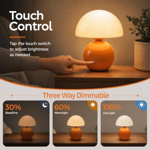 Senzoy Glass/Ceramic Mushroom Table Lamp, Orange Bedside Night Lamp - Image 3