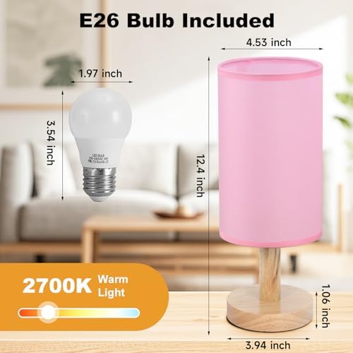 Pink Small Bedside Table Lamp for Bedroom,Natural Round Wood Base&Fabric Linen Shade,Cozy Night Table Light for Study Reading,Minimalist Boho Desk Lamp for Nightstand,Living Room,Nursery,Kitchen,Dorm - Image 4