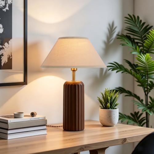 21'' Traditional Bedside Table Lamp, Solid Oak Wood Table Lamp with Linen Shade, Farmhouse Lamp Home Decor Vintage Lamp for Bedroom, Living Room, Nightstand (Bulb Included) by Unknown