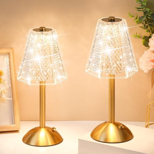 Liliful 2 Pcs Cordless Table Lamp LED Touch, Gold, Hexagonal Diamond Style by Liliful