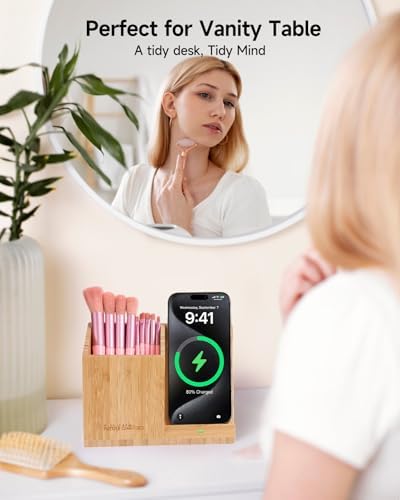 Bamboo Pen Holder for Desk & Nightstand Organizer with Fast Wireless Charging for iPhone, Samsung & More – Office Desk Accessories for Men/Women (Bamboo) - Image 5
