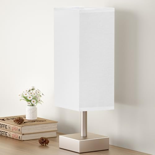 Antique White Small Bedside Lamp for Bedroom - Square White Fabric Shade by Aooshine