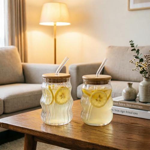 18 Oz Vintage Ribbed Glass Cups 2 Pack, Wave Bubble Design - Image 2
