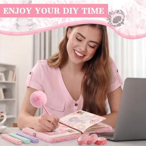 Janlaugh DIY Journal Diary with Lock Pack Scrapbook Kit, Pink, Plush - Image 5