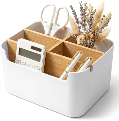Cozary Bamboo Desk Organiser, Office Organiser with 5 Compartments, Pen Holder Desk for Office, Home and School, Desk Organiser Compact (18.2 x 14.6 x 9.3 cm) by Cozary