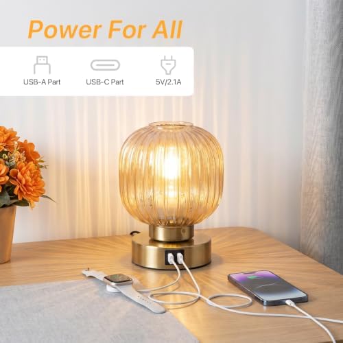 Elenhome Touch Table Lamp Set of 2, 3-Way Dimmable with Glass Shade, USB-C+A Charging Ports, Mid-Century Modern Small Bedside Lamps for Nightstand, Bedroom, and Living Room, LED Bulb Included (Amber) - Image 4