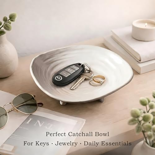 Small Decorative Bowl, 6” Ceramic Key Bowl for Entryway Table, Multi-Purpose Decorative Bowls for Candy, Jewelry and Home Decor（Retro White） - Image 2