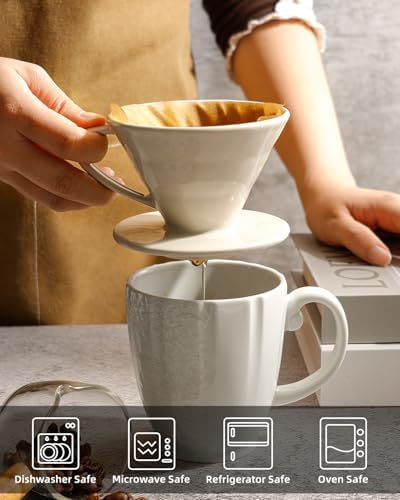 Pour Over Coffee Maker, Single Cup Ceramic Coffee Dripper, Reusable Filter Cone Drip Holder Slow Brewer with Hole Flat Bottom for Home, Office, Travel, Camping (White) - Image 6