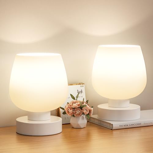 Seealle Touch Bedside Table Lamp Set of 2 - Small Bedside Lamp for Bedroom Living Room Night Stands, Desk Lamp with White Glass Shade for Small Spaces, 3 Way Dimmable, LED Bulbs, Gifts by SeealleLighting