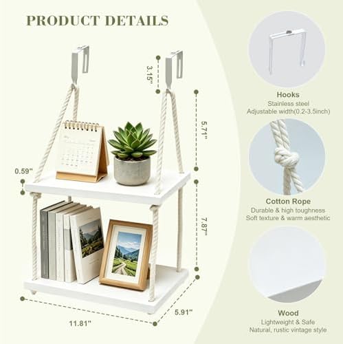 2 Tier Cubicle Shelf with Hooks, Wooden Hanging Organizer for Office - Image 3