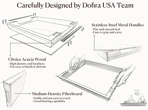 Acacia Wood Serving Tray with Metal Handle, 17x13in Tray for Ottoman - Image 4