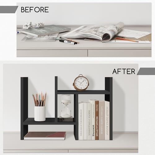 Jerry & Maggie Desktop Organizer Office Storage Rack Adjustable Wood Display Shelf Free Style Double H, Multi-Functional Mini Bookshelf for Desk Natural Stand (Black) - Image 3