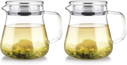 Teabloom One-Touch Tea Maker, 2-in-1 Teapot and Kettle with Stainless Steel Filter Lid for Loose Tea – Stain-Free Borosilicate Glass Tea Pot (15 Oz) – Tea Connoisseur's Choice (Pack of 2) by Teabloom