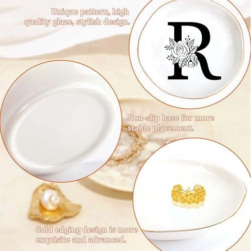 JoycuFF Initial R Ceramic Jewelry Tray, Bridesmaid Bride Gifts, Mothers Day Christmas Anniversary Engagement Birthday Gifts for Women Couples, Trinket Dish for Rings Earrings Necklaces Bracelets Keys - Image 5