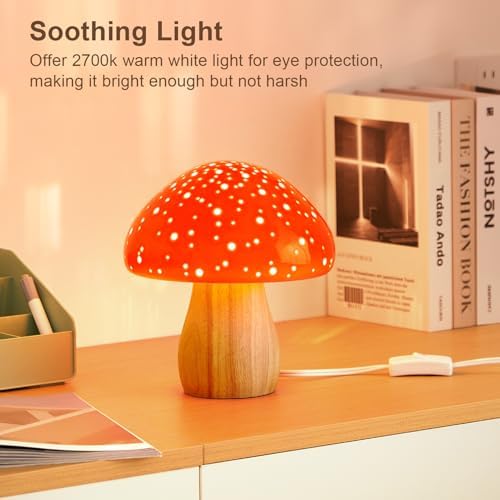 BOHON Mushroom Lamp Ceramic Bedside Table Lamp, Red - Image 4