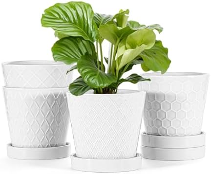 EFISPSS Flower Planter –5 inch Ceramic Plant Pots with Drainage Holes and Ceramic Tray - Gardening Home Desktop Office Windowsill Decoration Gift Set of 4 - Plants NOT Included (White) by EFISPSS