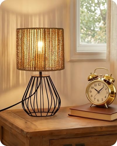 Rattan Table Lamp, Boho Table Lamp, Small Bedside Lamp, Handwoven Paper Lampshade, 2700K LED Bulb Included, Boho Desk Lamp, Modern Nightstand Lamp for Bedroom, Living Room, Striped SW06TL05 by GOEBLESON