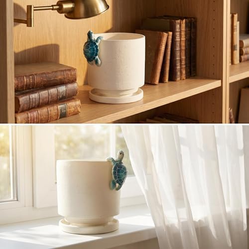 Ceramic Plant Pot with Resin Climbing Tortoise Figure, 5.75 Inch,White - Image 6